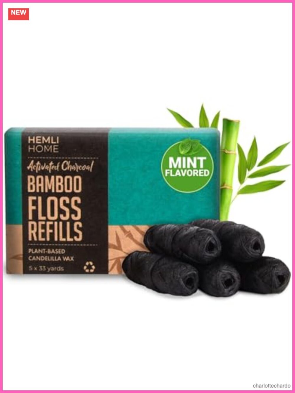 Eco-Friendly Bamboo Charcoal Dental Floss Refills, Woven Fibers, Mint, 5 Pack